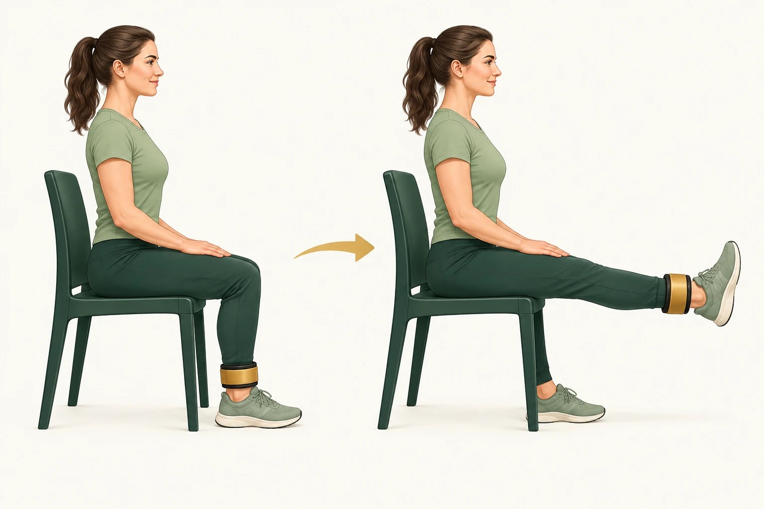 Seated knee extension from a bent knee to a straightened knee with an ankle cuff weight.
