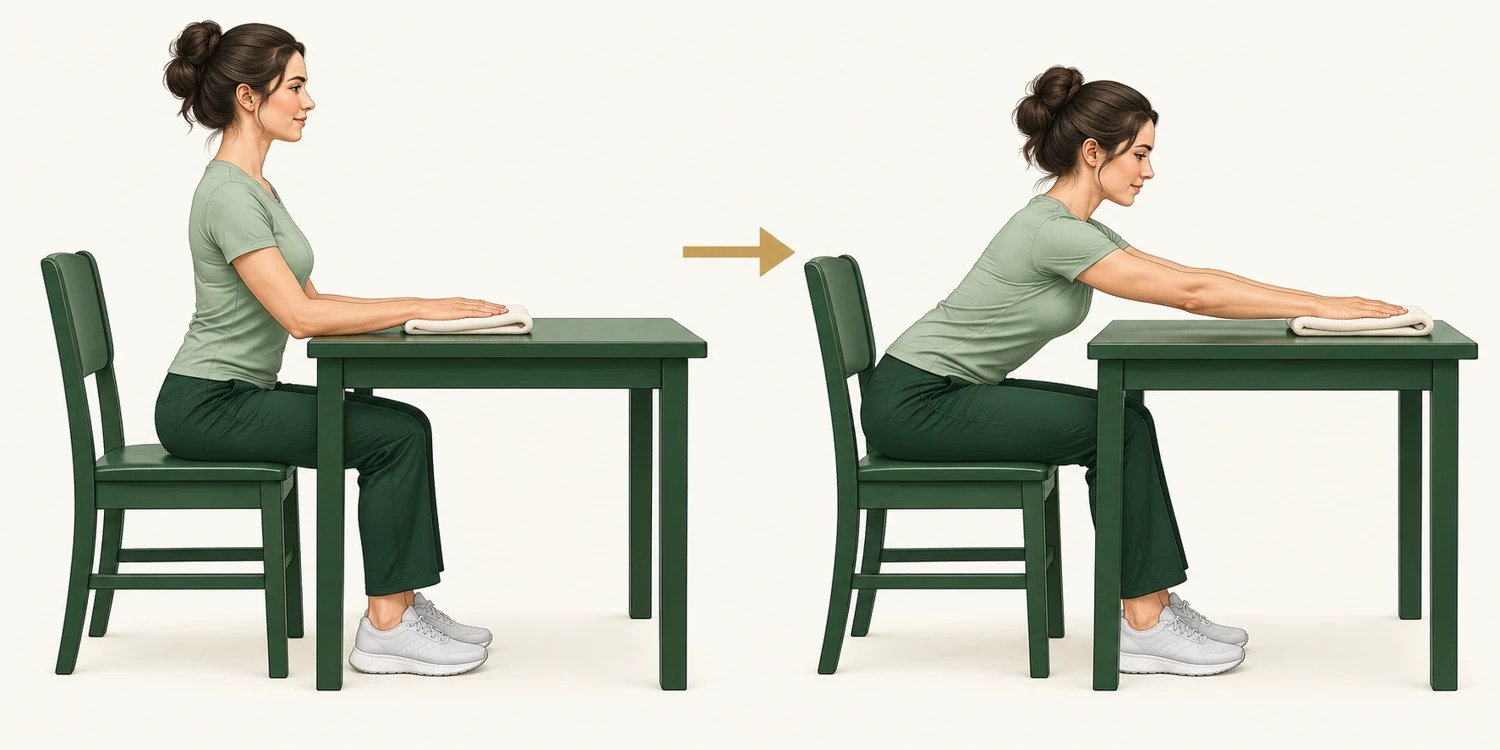 Seated table slide with the arms supported, showing upright start and forward slide.