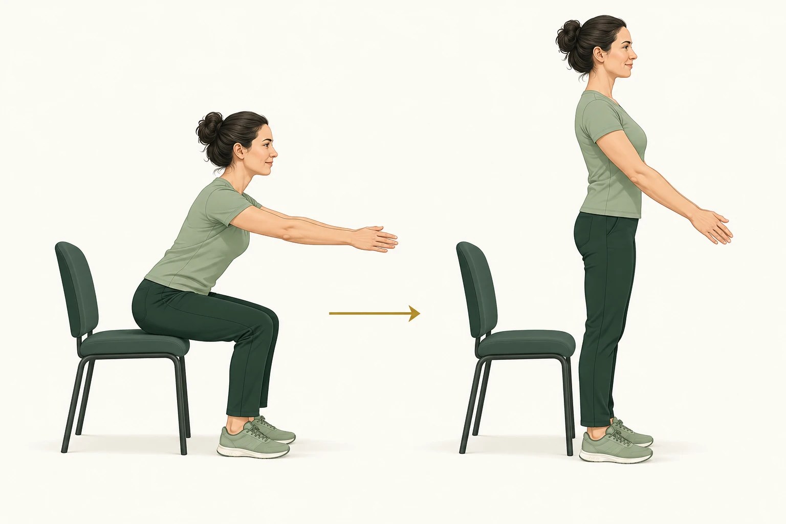 Side view of seated forward lean and standing finish for sit-to-stand practice.