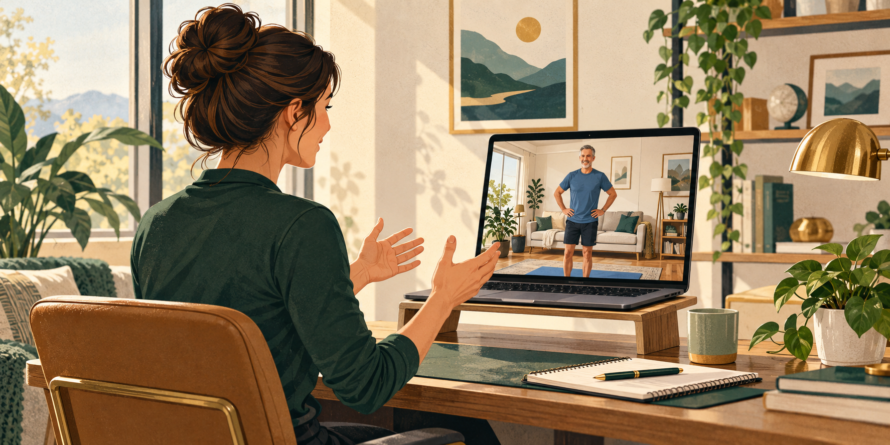 Illustration of a physical therapist speaking with a patient by video from a home workspace.
