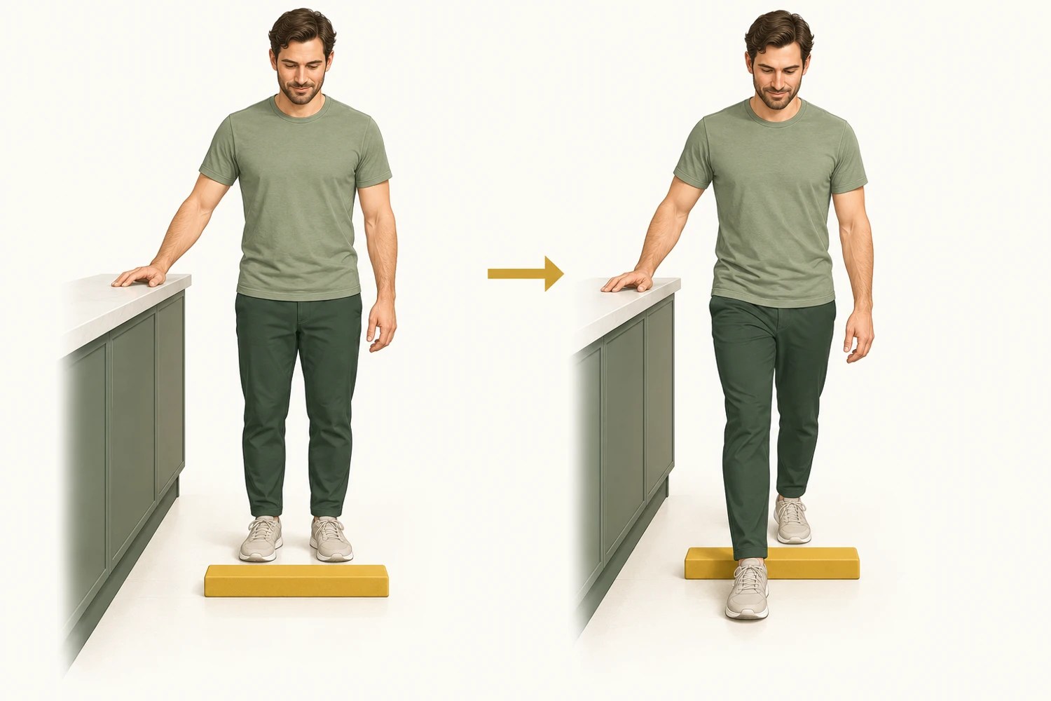 Supported step over a low obstacle, showing the starting position and a foot placed beyond the obstacle.