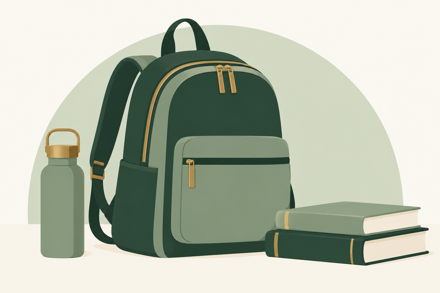 Illustration of a green backpack with books and a water bottle.