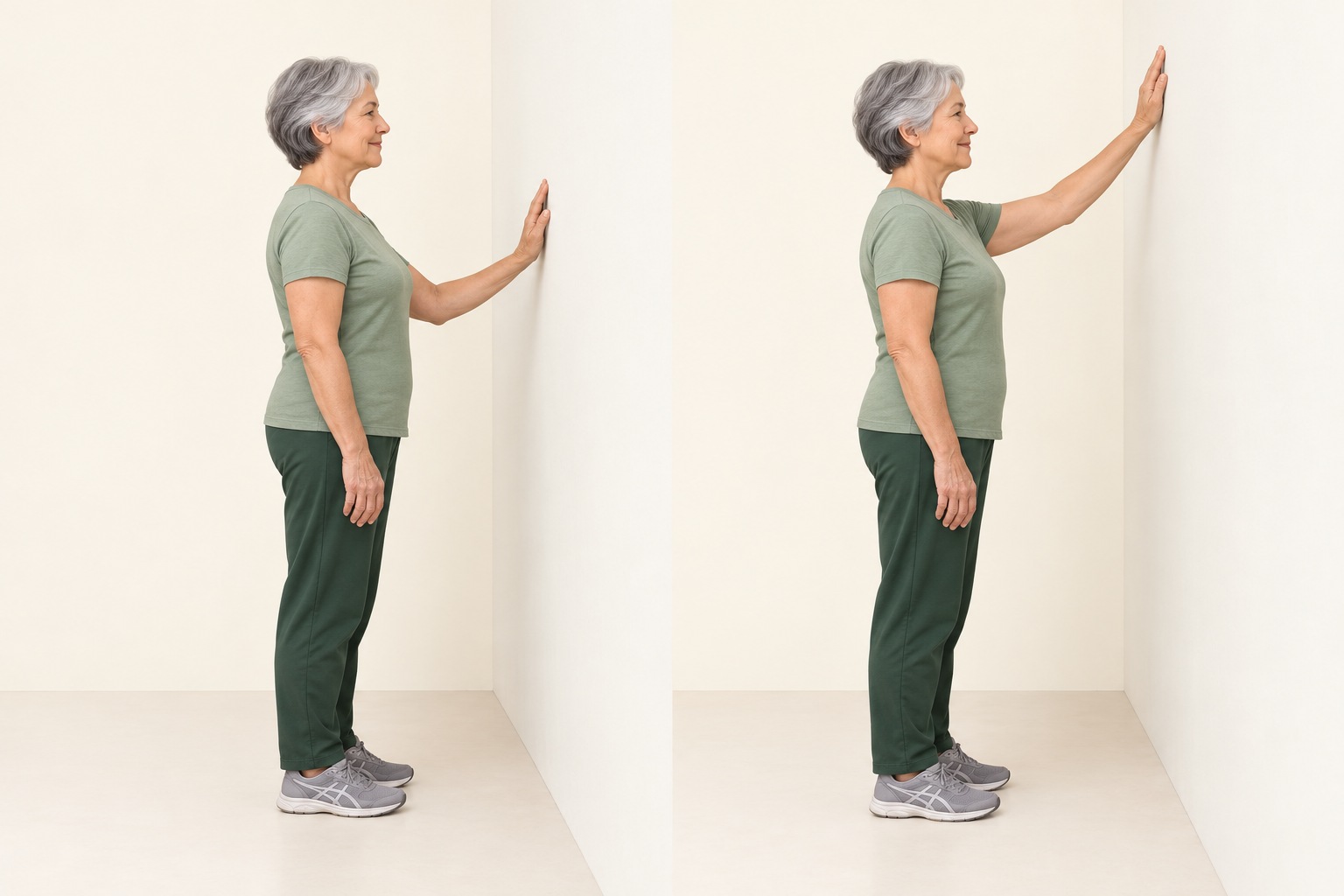Woman walking her fingers from chest height to a modest higher reach on a wall.