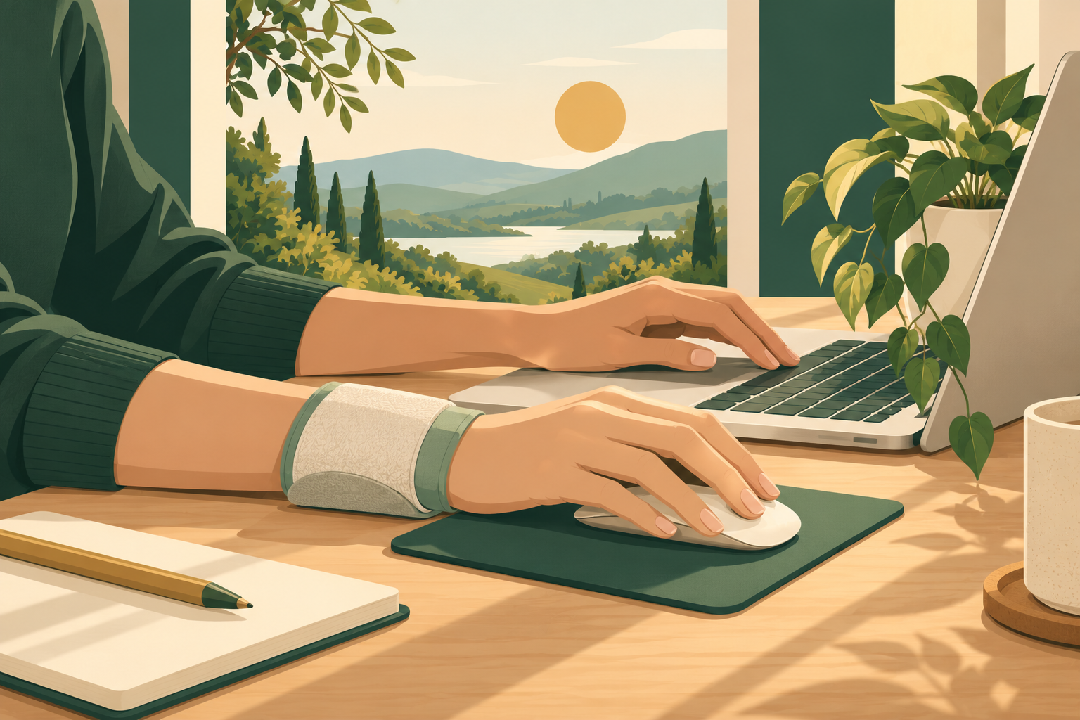 Editorial illustration of hands at a laptop and mouse, with a wrist support.