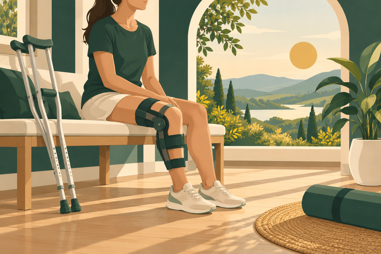 Illustration of a person resting with a knee brace and crutches nearby.