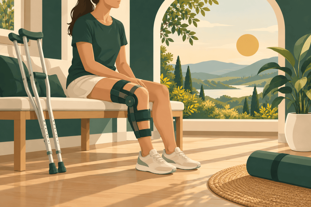 Illustration of a person resting with a knee brace and crutches nearby.