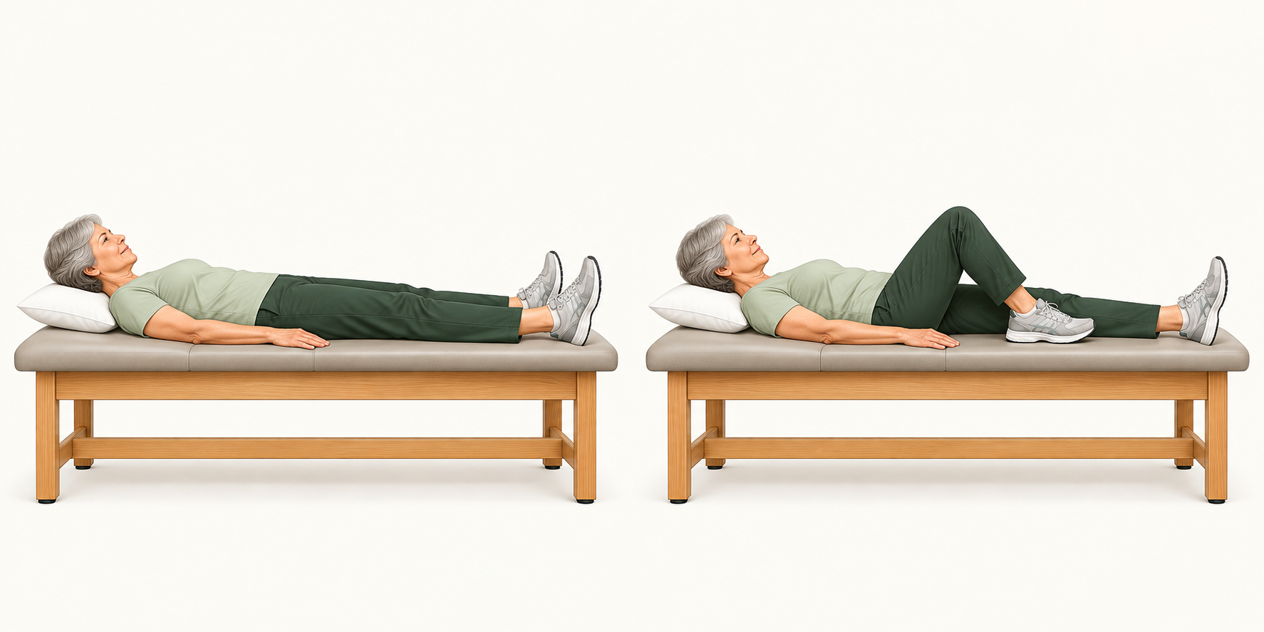 An older adult lies with legs straight, then slides one heel toward her body to bend the knee.