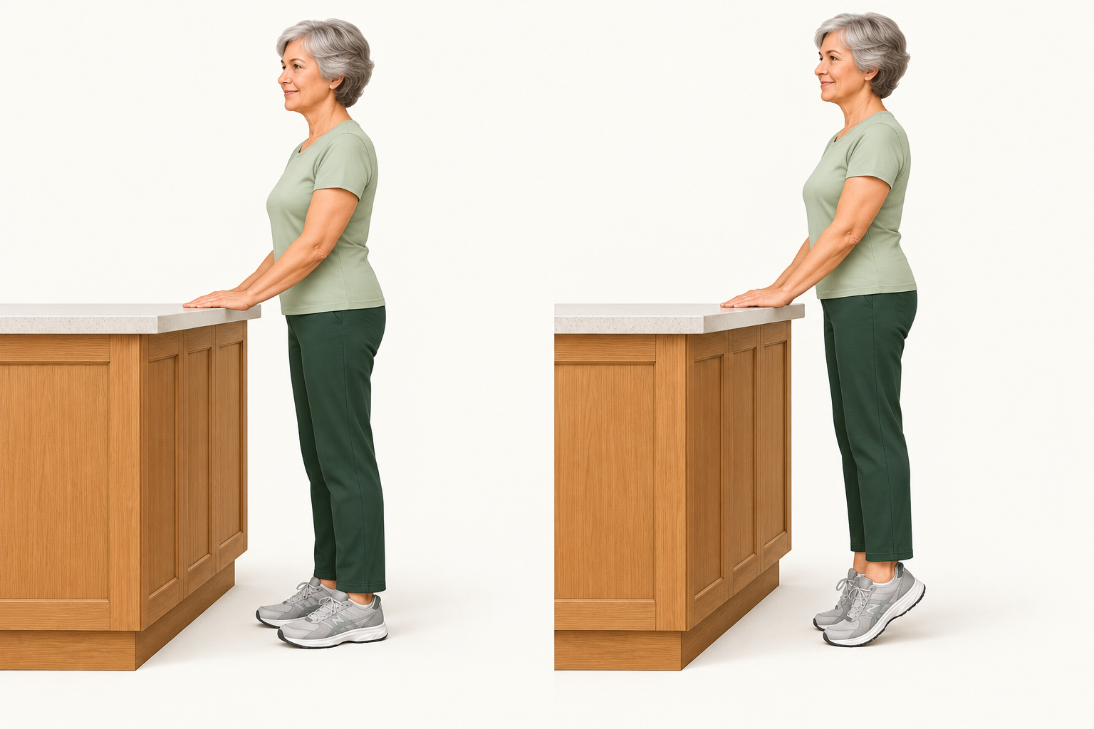 An older adult holds a counter with feet flat, then raises both heels.