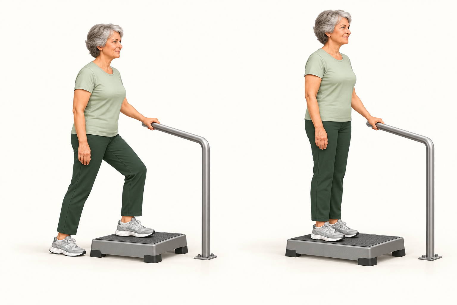 An older adult uses a fixed handrail to step onto a low, stable step.