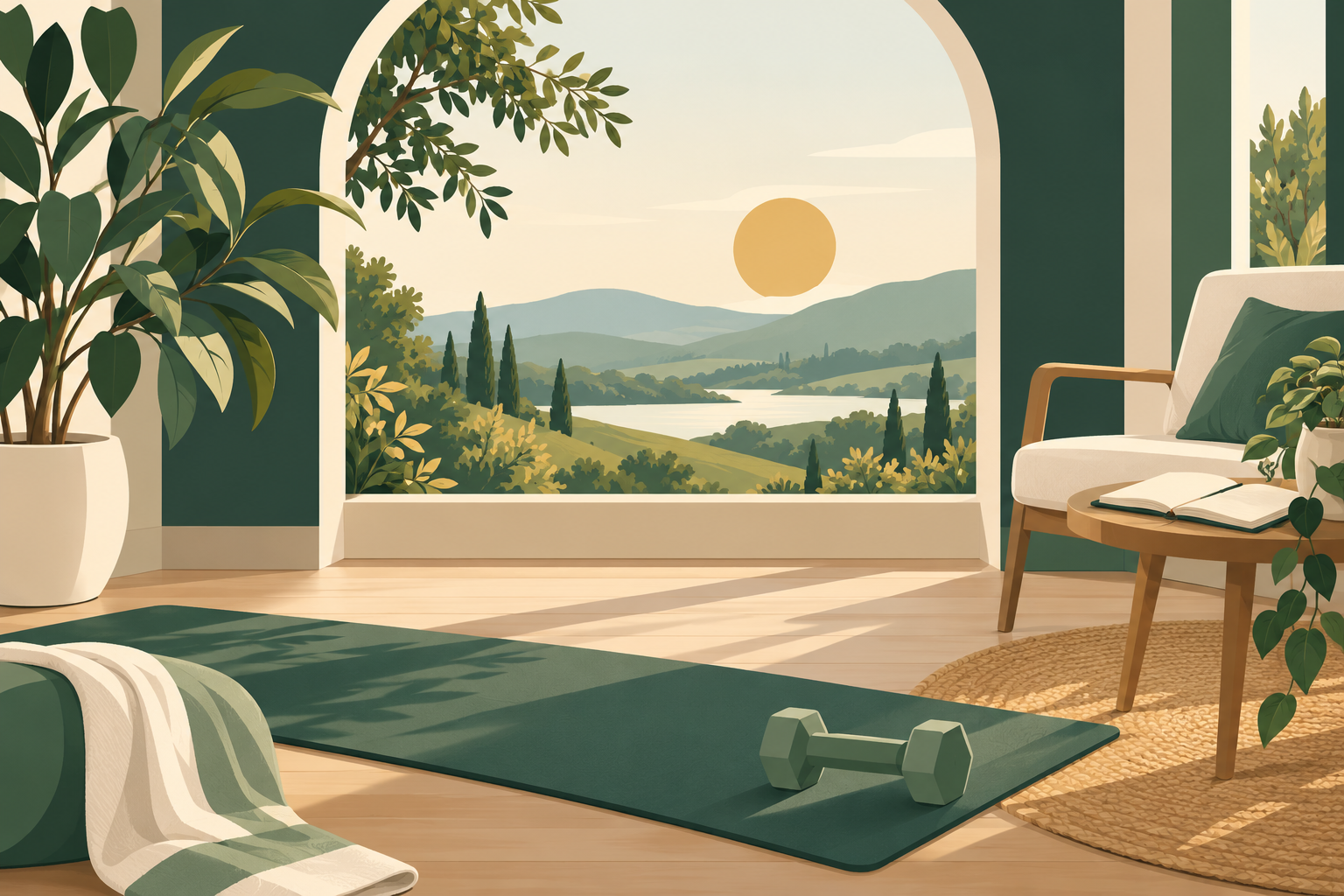Illustration of a calm green room with an exercise mat, notebook, and a view of rolling hills.