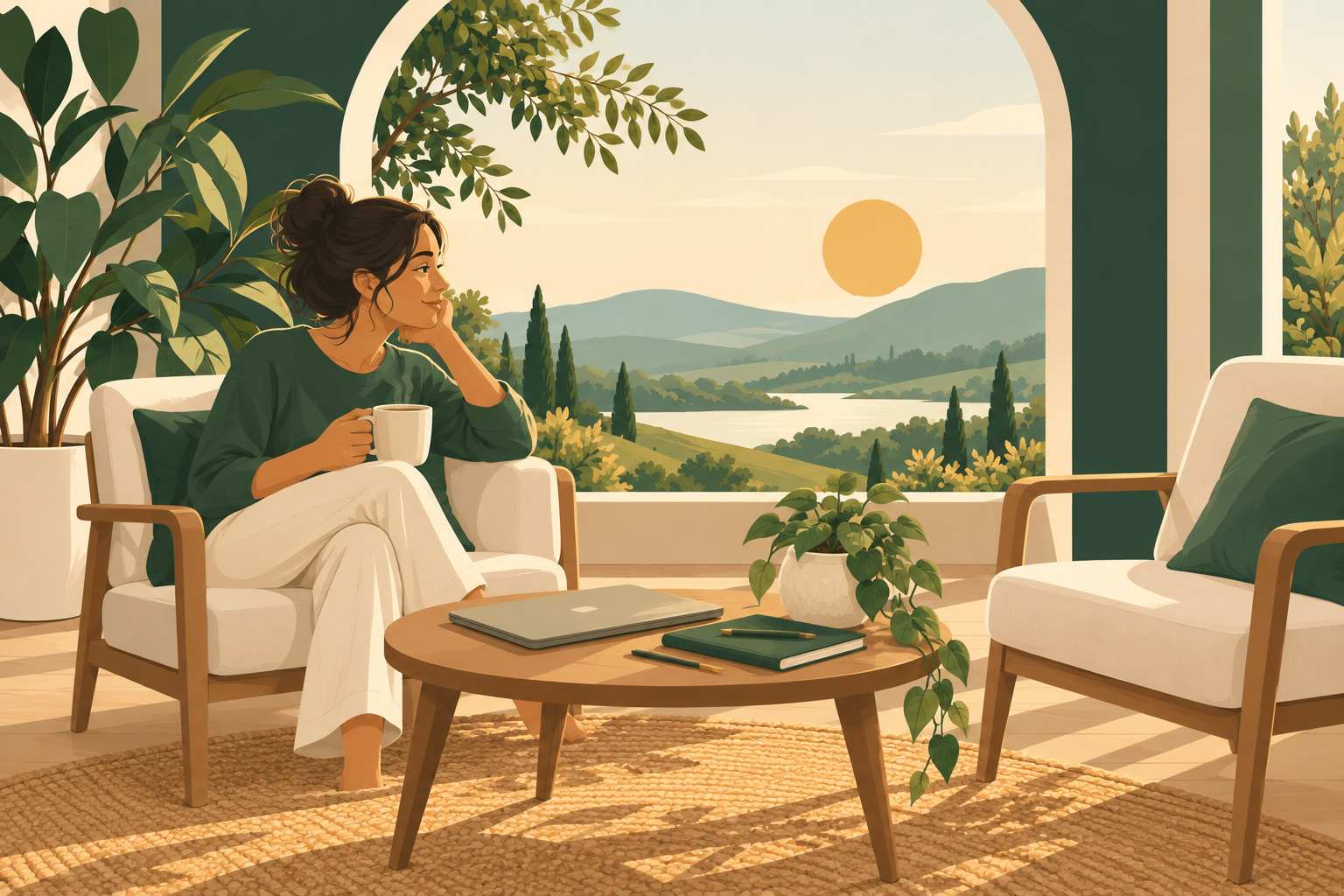 Illustration of a young professional taking a quiet break beside a notebook and closed laptop.