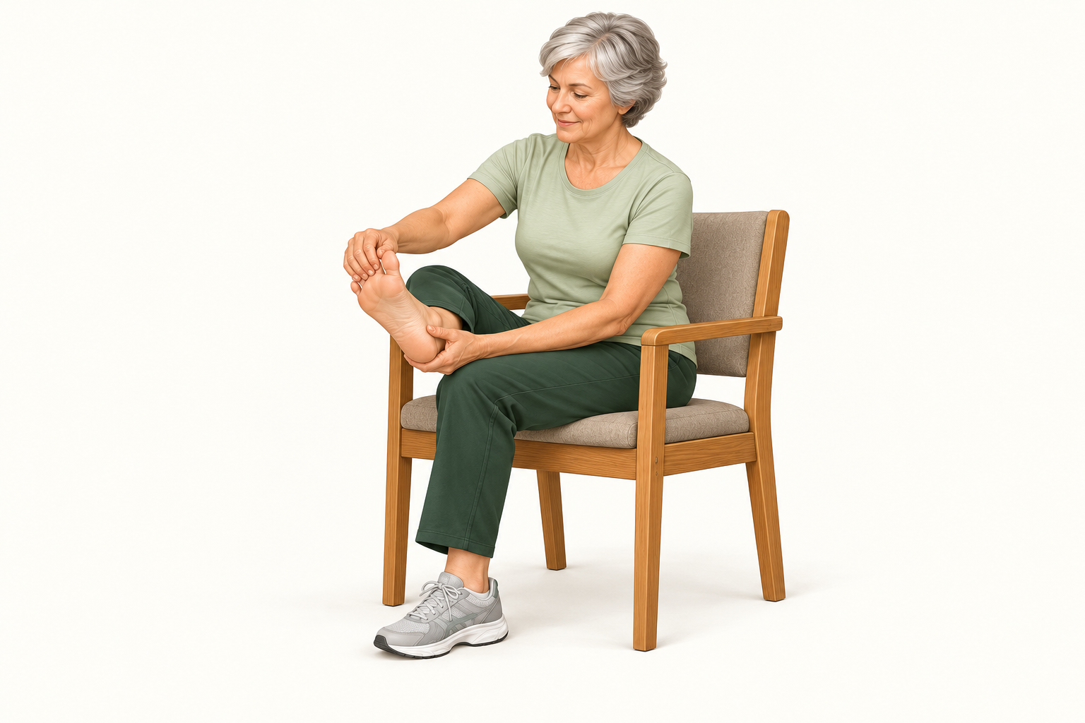 A seated older adult supports one heel and gently draws the toes toward the shin with her ankle resting across the opposite thigh.
