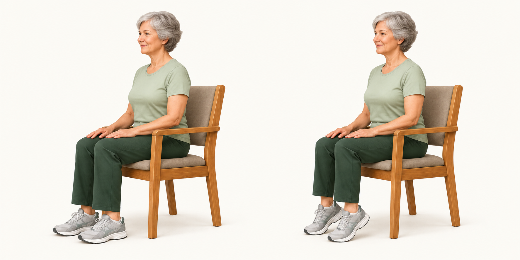 A seated older adult starts with feet flat, then lifts both heels while keeping the balls of the feet down.