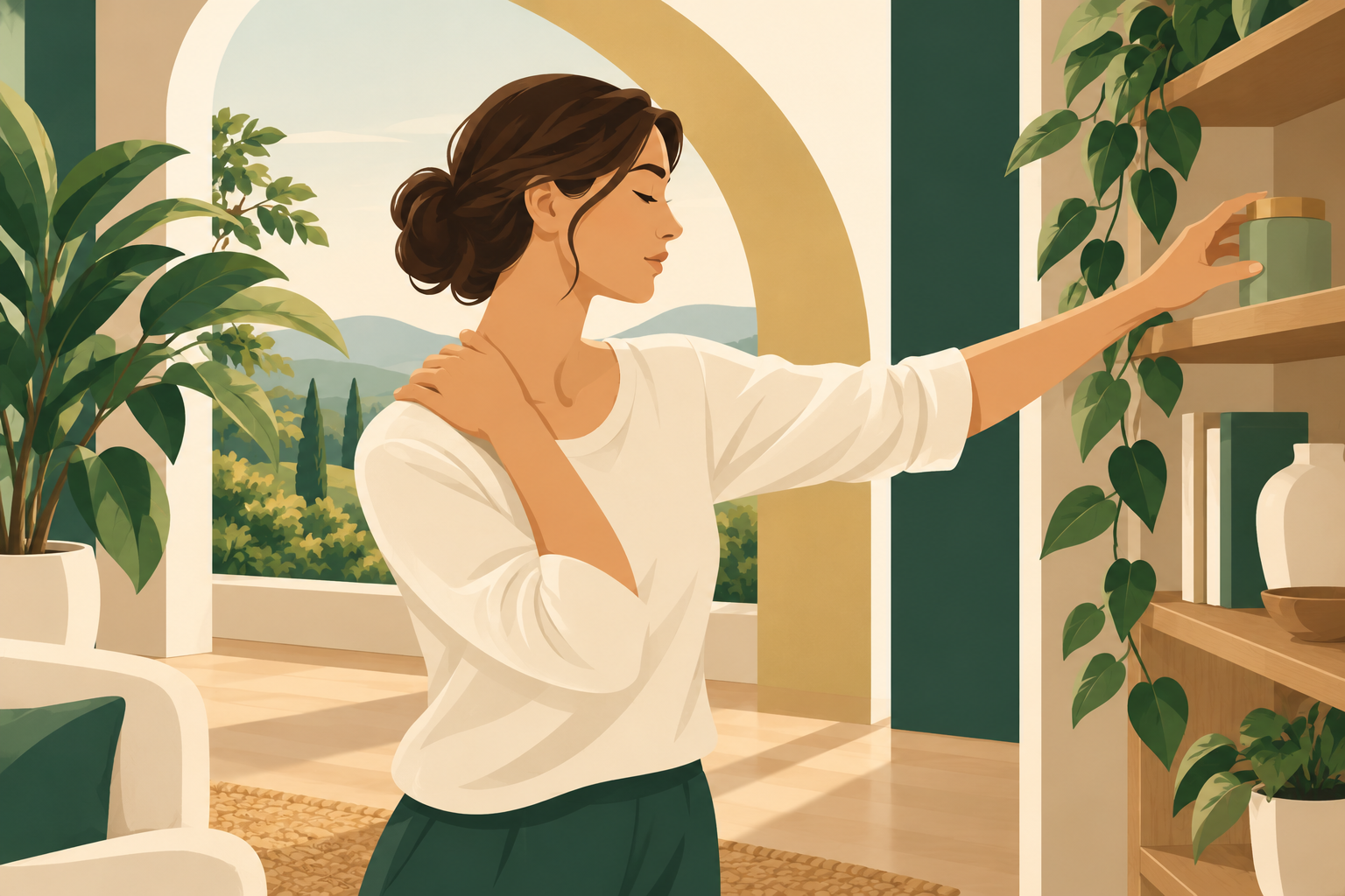 Illustration of a person reaching toward a shelf with a hand near their shoulder.