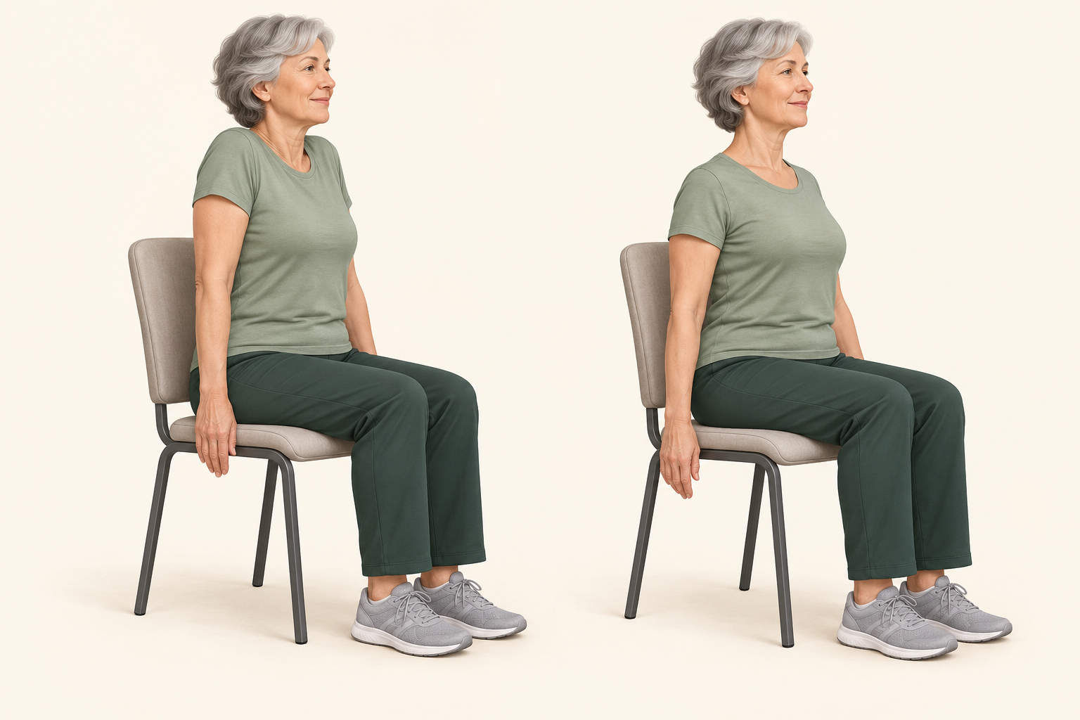 Seated woman gently raising her shoulders, then relaxing them back and down.