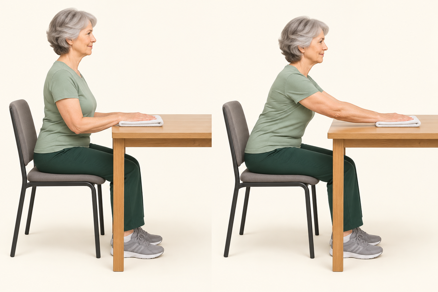 Seated woman sliding her hands forward on a supported tabletop, then returning.