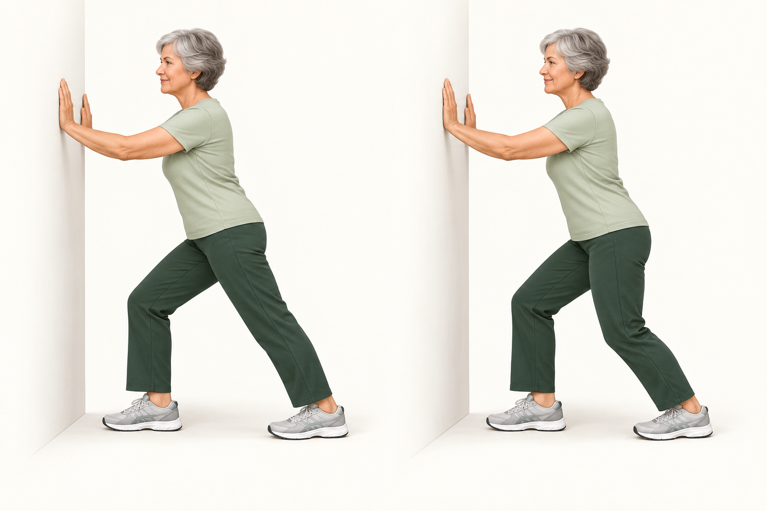 An older adult demonstrates wall calf stretches with the rear knee straight and gently bent, keeping the heel down.