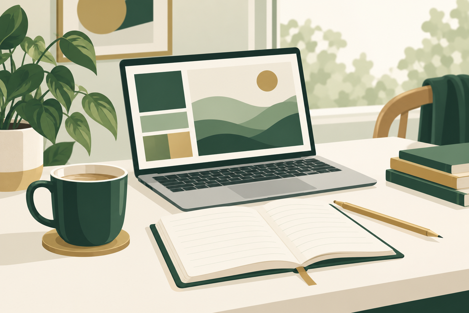 Green-and-gold illustration of a laptop, notebook, coffee, and a plant.